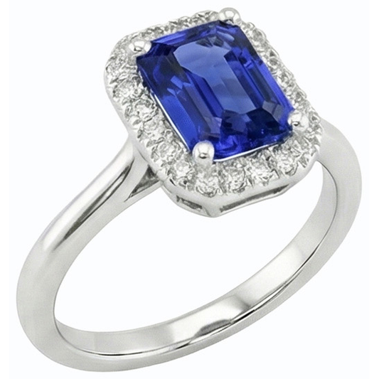 Bague Halo Diamant Bleu Saphir Taille émeraude 3 Carats Or Blanc 14K