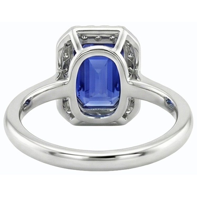 Bague Halo Diamant Bleu Saphir Taille émeraude 3 Carats Or Blanc 14K