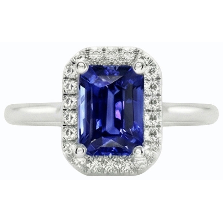Bague Halo Diamant Bleu Saphir Taille émeraude 3 Carats Or Blanc 14K