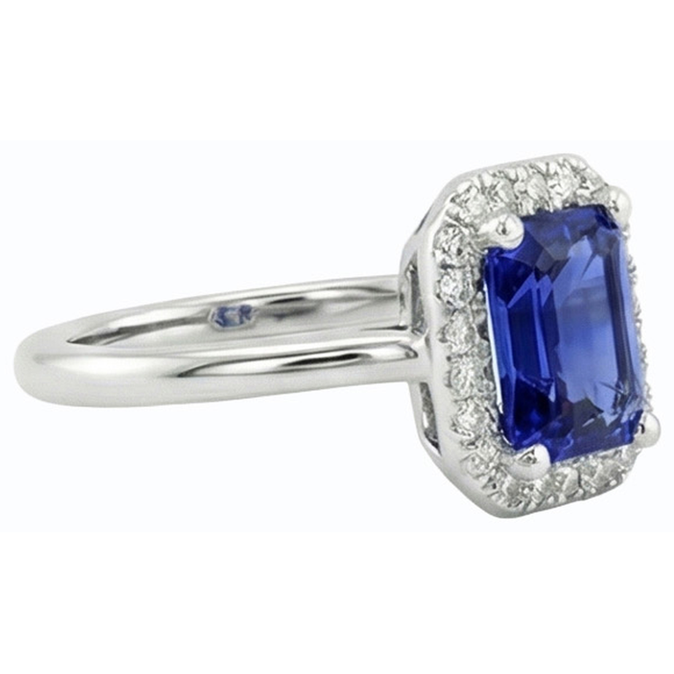 Bague Halo Diamant Bleu Saphir Taille émeraude 3 Carats Or Blanc 14K