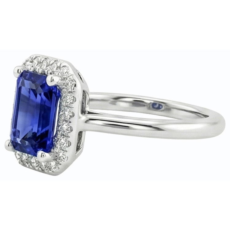Bague Halo Diamant Bleu Saphir Taille émeraude 3 Carats Or Blanc 14K