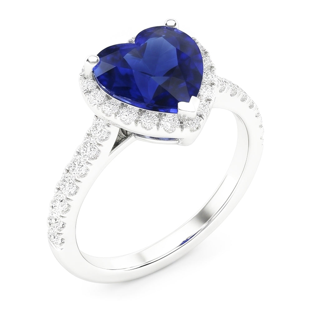 Bague Halo Diamant Coeur Saphir Bleu 3.50 Carats Bijoux Or Blanc