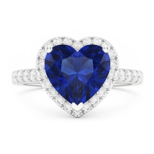 Bague Halo Diamant Coeur Saphir Bleu 3.50 Carats Bijoux Or Blanc