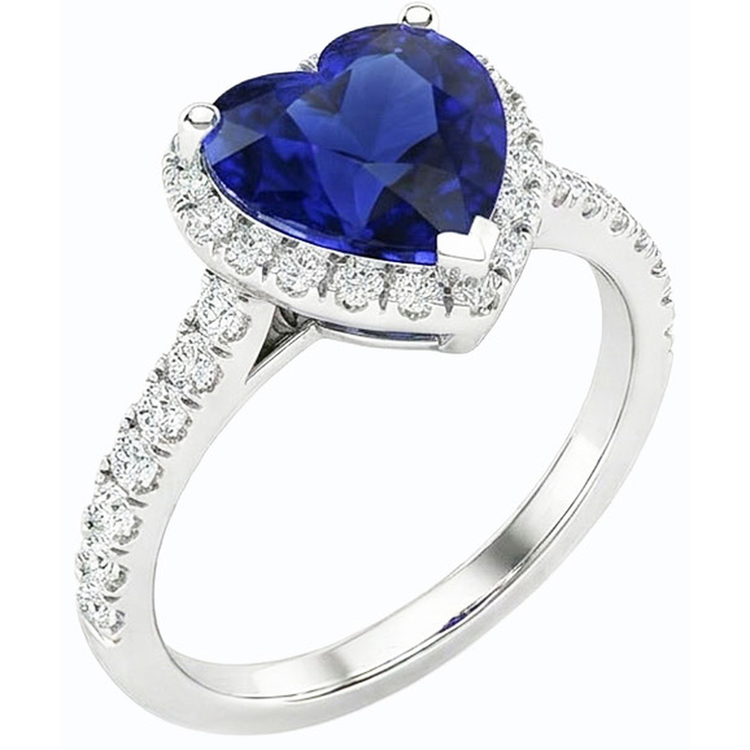 Bague Halo Diamant Coeur Saphir Bleu 3.50 Carats Bijoux Or Blanc