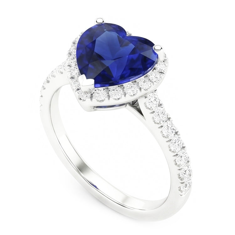 Bague Halo Diamant Coeur Saphir Bleu 3.50 Carats Bijoux Or Blanc