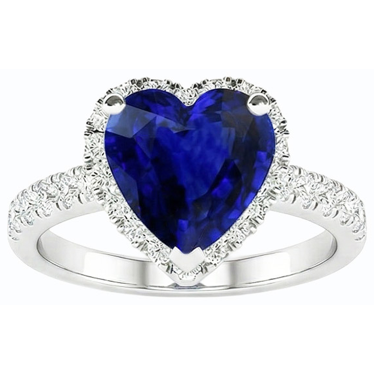 Bague Halo Diamant Coeur Saphir Bleu 3.50 Carats Bijoux Or Blanc