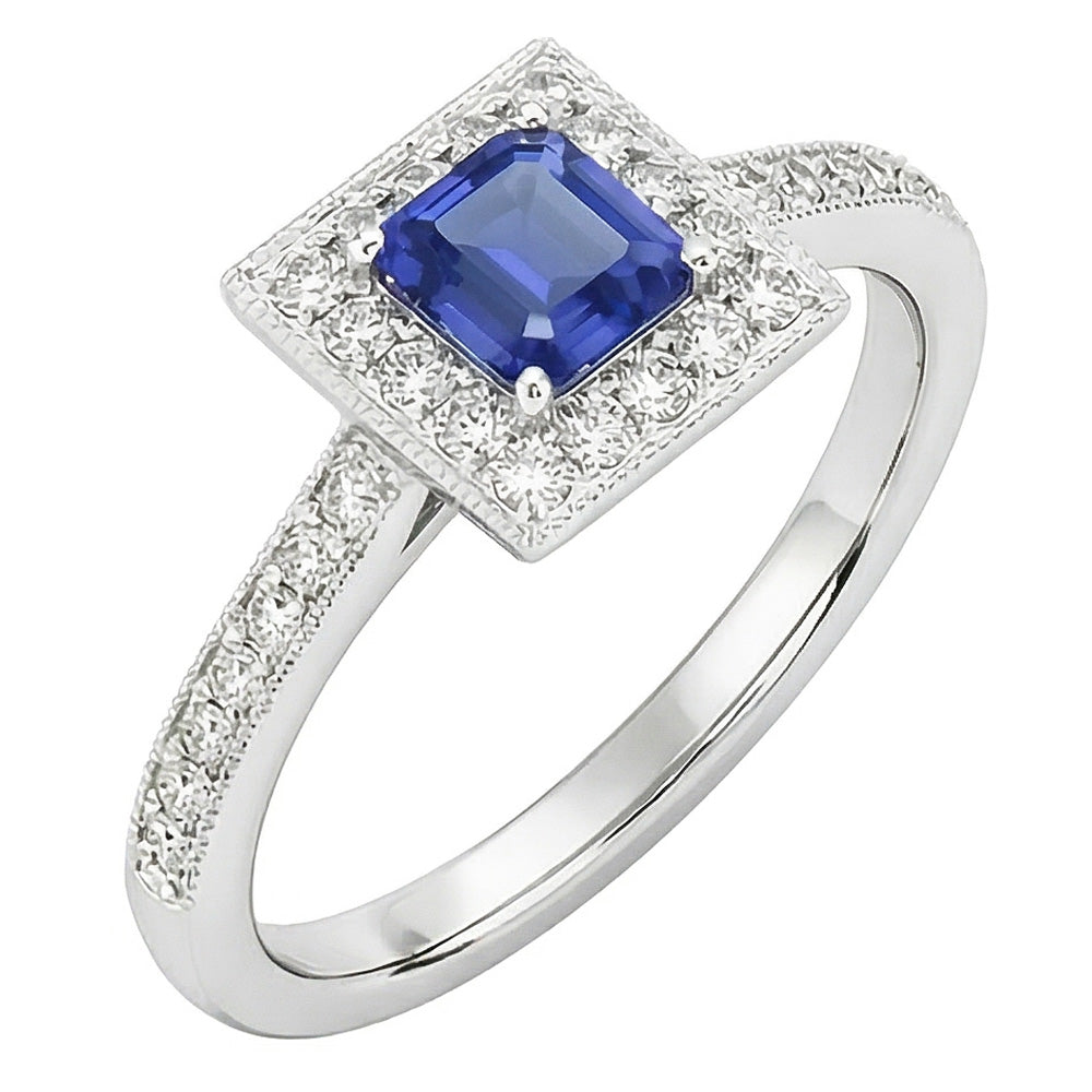 Bague Halo Diamant Emeraude Bleu Saphir 3 Carats Or Blanc 14K
