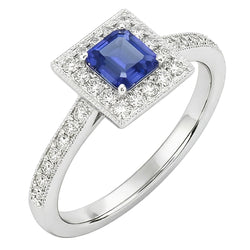 Bague Halo Diamant Emeraude Bleu Saphir 3 Carats Or Blanc 14K
