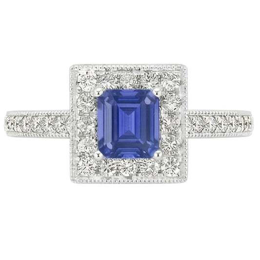 Bague Halo Diamant Emeraude Bleu Saphir 3 Carats Or Blanc 14K