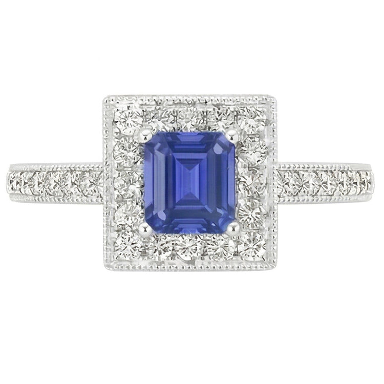 Bague Halo Diamant Emeraude Bleu Saphir 3 Carats Or Blanc 14K