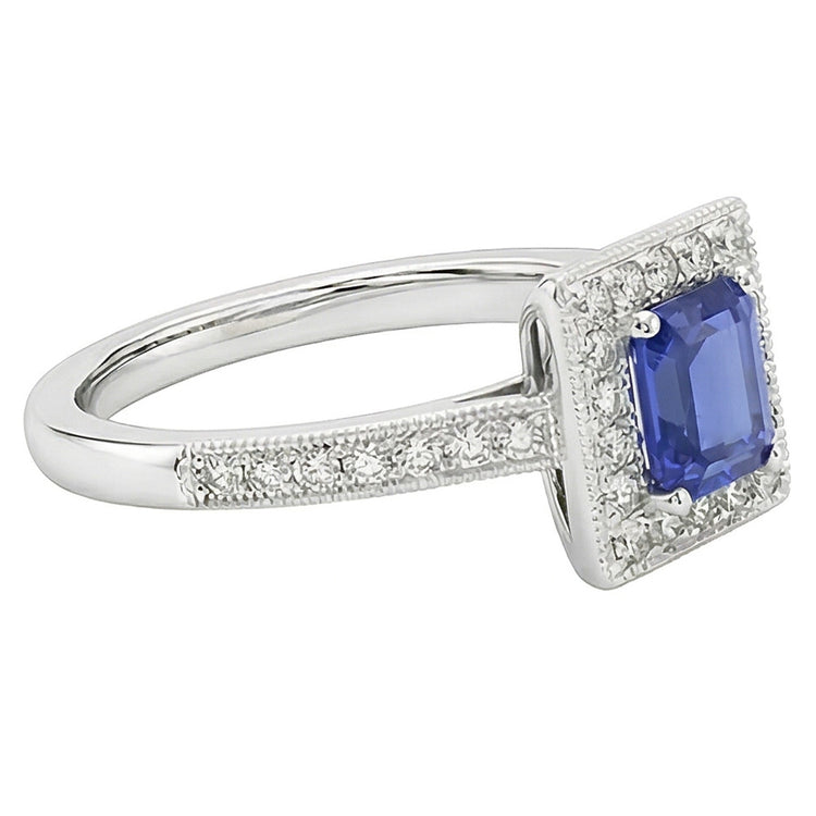 Bague Halo Diamant Emeraude Bleu Saphir 3 Carats Or Blanc 14K