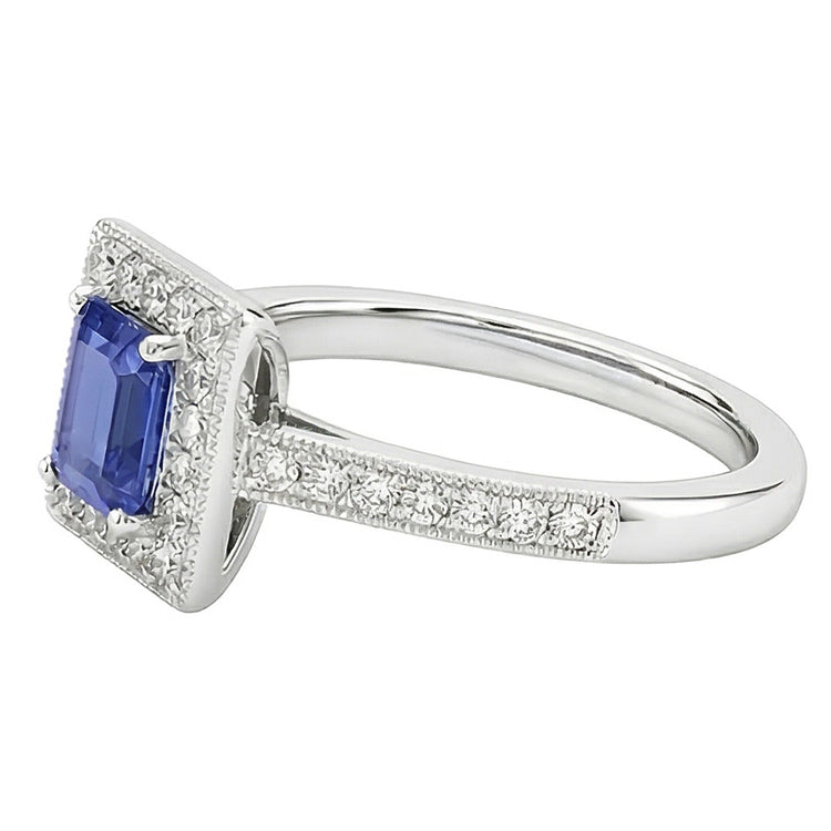 Bague Halo Diamant Emeraude Bleu Saphir 3 Carats Or Blanc 14K