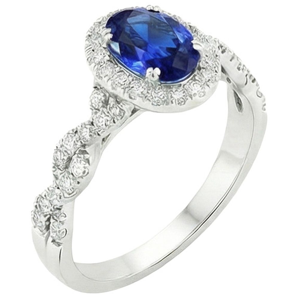 Bague Halo Diamant Naturels Extraits des Mines ( et non cultivés en laboratoire ) Femme Or Blanc 4.50 Carats Saphir Bleu Bijoux