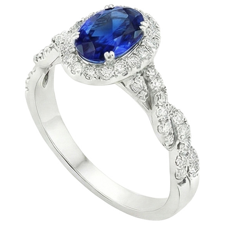 Bague Halo Diamant Naturels Extraits des Mines ( et non cultivés en laboratoire ) Femme Or Blanc 4.50 Carats Saphir Bleu Bijoux