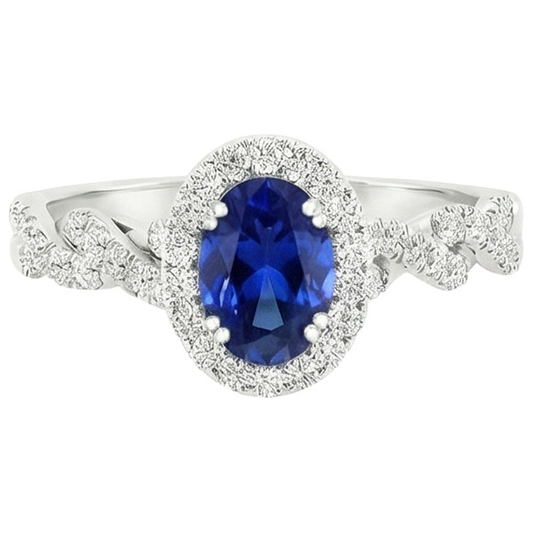 Bague Halo Diamant Naturels Extraits des Mines ( et non cultivés en laboratoire ) Femme Or Blanc 4.50 Carats Saphir Bleu Bijoux