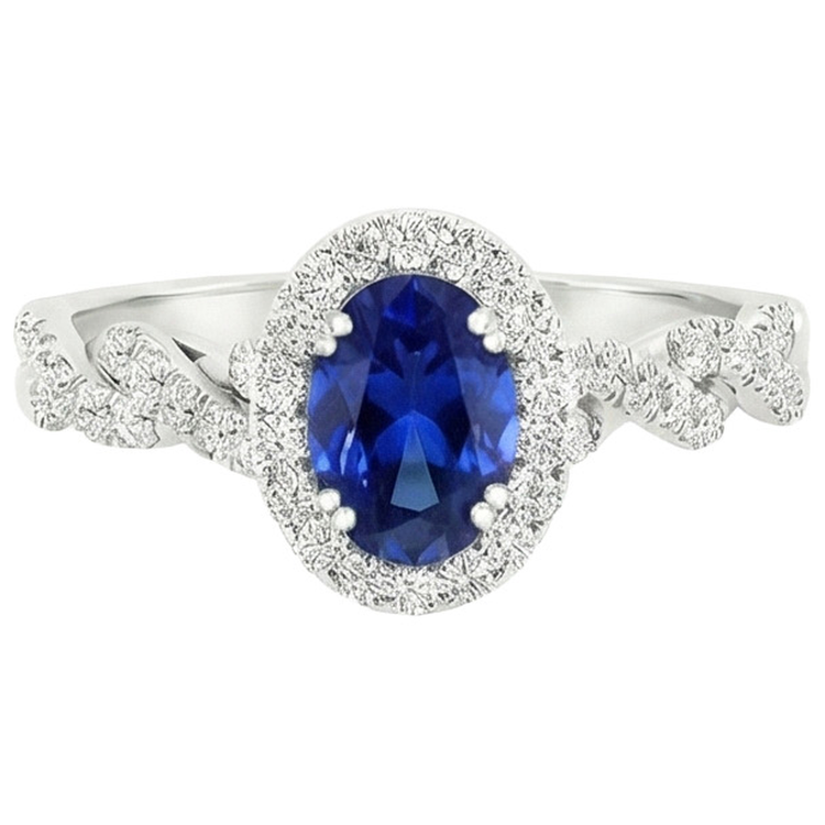 Bague Halo Diamant Naturels Extraits des Mines ( et non cultivés en laboratoire ) Femme Or Blanc 4.50 Carats Saphir Bleu Bijoux
