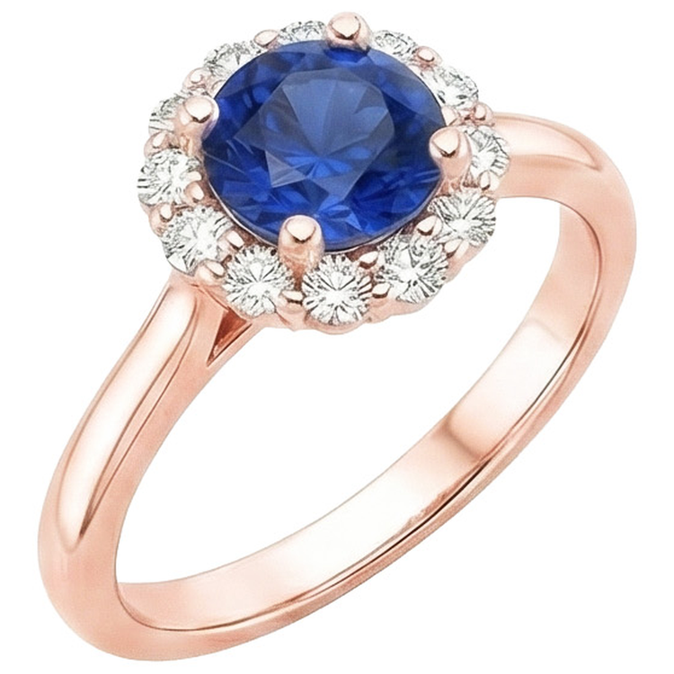 Bague Halo Diamant Naturels Extraits des Mines ( et non cultivés en laboratoire ) Femme Style Fleur Saphir Bleu 3 Carats Or Rose