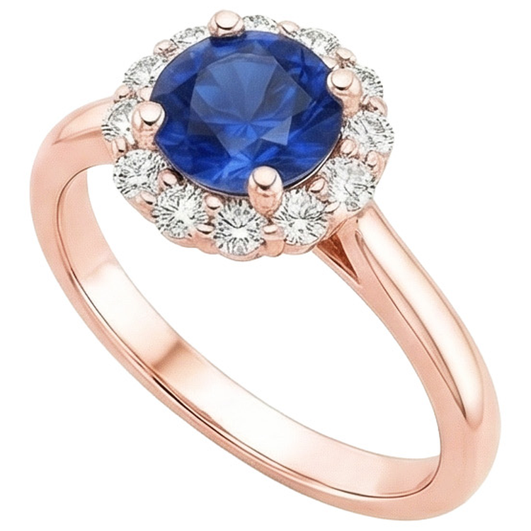 Bague Halo Diamant Naturels Extraits des Mines ( et non cultivés en laboratoire ) Femme Style Fleur Saphir Bleu 3 Carats Or Rose