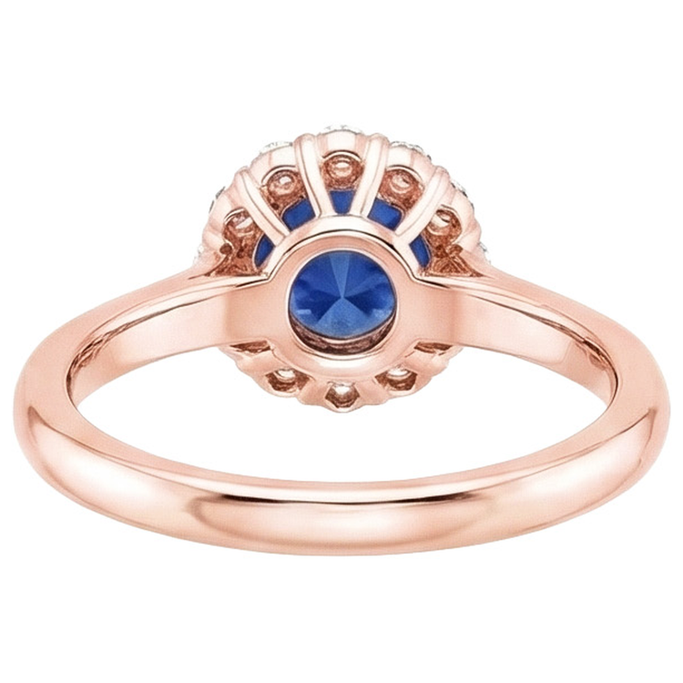 Bague Halo Diamant Naturels Extraits des Mines ( et non cultivés en laboratoire ) Femme Style Fleur Saphir Bleu 3 Carats Or Rose