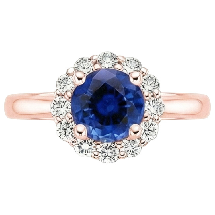 Bague Halo Diamant Naturels Extraits des Mines ( et non cultivés en laboratoire ) Femme Style Fleur Saphir Bleu 3 Carats Or Rose