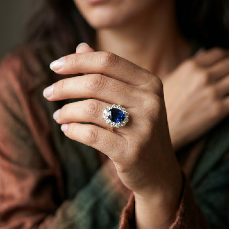 Bague Halo Diamant Naturels Extraits des Mines ( et non cultivés en laboratoire ) Femme Saphir Bleu Ovale Naturel 7.50 Carats