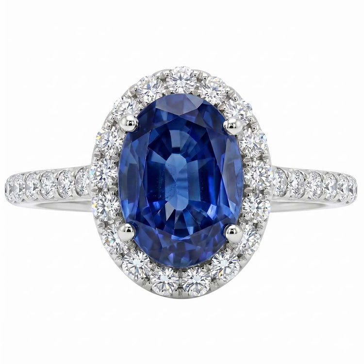 Bague Halo Diamant Naturels Extraits des Mines ( et non cultivés en laboratoire ) Ovale Saphir Bleu Accentué Or Blanc 5.50 Carats