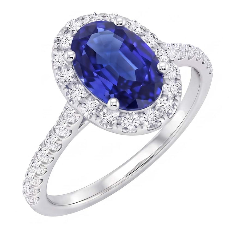 Bague Halo Diamant Naturels Extraits des Mines ( et non cultivés en laboratoire ) Ovale Saphir Bleu Accentué Or Blanc 5.50 Carats
