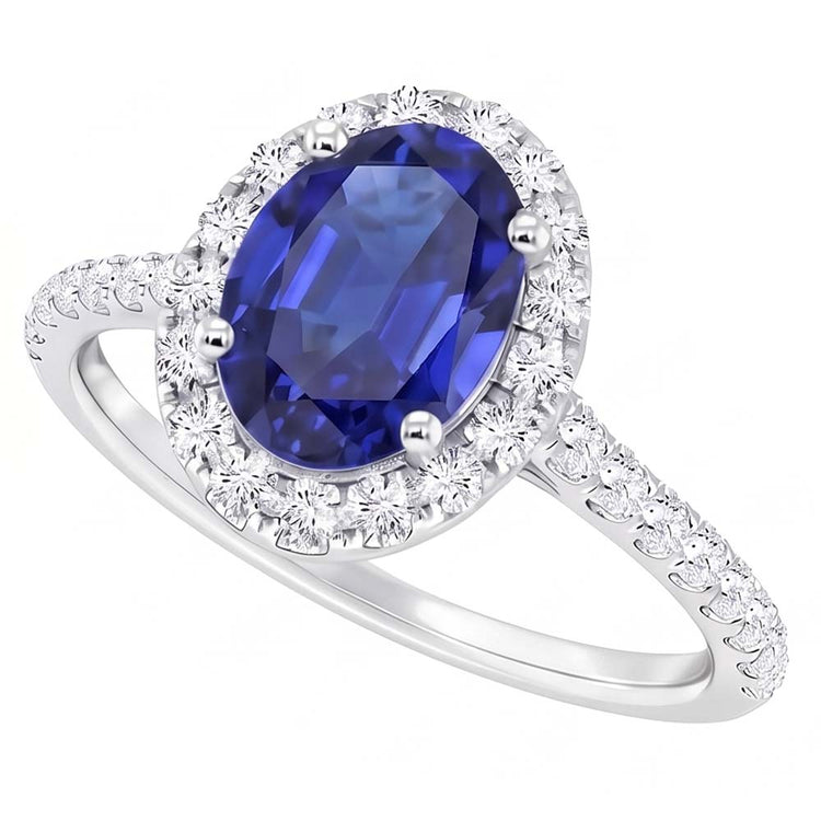 Bague Halo Diamant Naturels Extraits des Mines ( et non cultivés en laboratoire ) Ovale Saphir Bleu Accentué Or Blanc 5.50 Carats