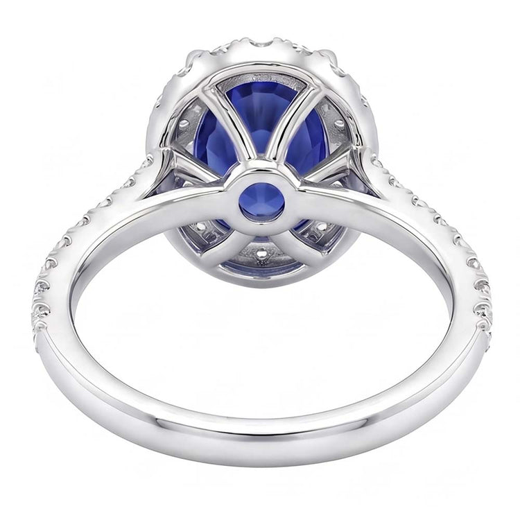 Bague Halo Diamant Naturels Extraits des Mines ( et non cultivés en laboratoire ) Ovale Saphir Bleu Accentué Or Blanc 5.50 Carats