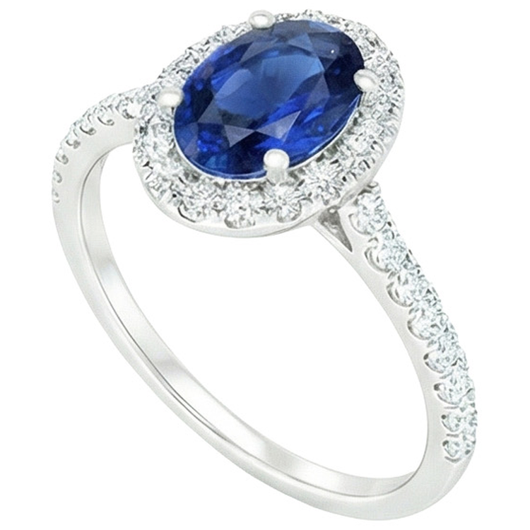 Bague Halo Diamant Naturels Extraits des Mines ( et non cultivés en laboratoire ) Ovale Saphir Bleu Avec Accents Or Blanc 6 Carats