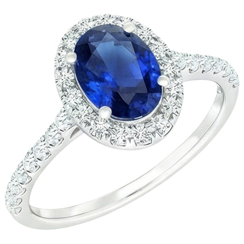 Bague Halo Diamant Naturels Extraits des Mines ( et non cultivés en laboratoire ) Ovale Saphir Bleu Avec Accents Or Blanc 6 Carats