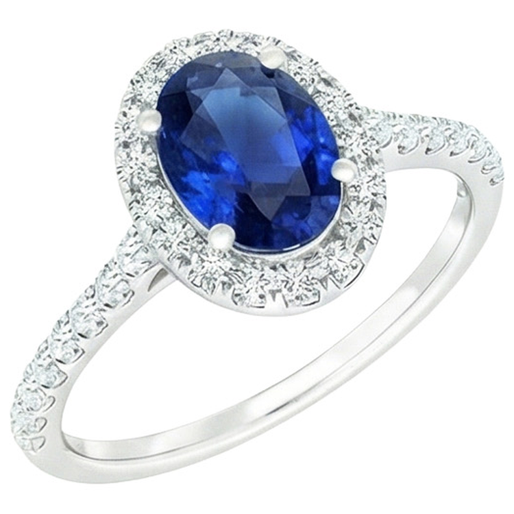 Bague Halo Diamant Naturels Extraits des Mines ( et non cultivés en laboratoire ) Ovale Saphir Bleu Avec Accents Or Blanc 6 Carats