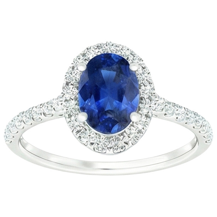 Bague Halo Diamant Naturels Extraits des Mines ( et non cultivés en laboratoire ) Ovale Saphir Bleu Avec Accents Or Blanc 6 Carats