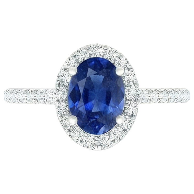 Bague Halo Diamant Naturels Extraits des Mines ( et non cultivés en laboratoire ) Ovale Saphir Bleu Avec Accents Or Blanc 6 Carats
