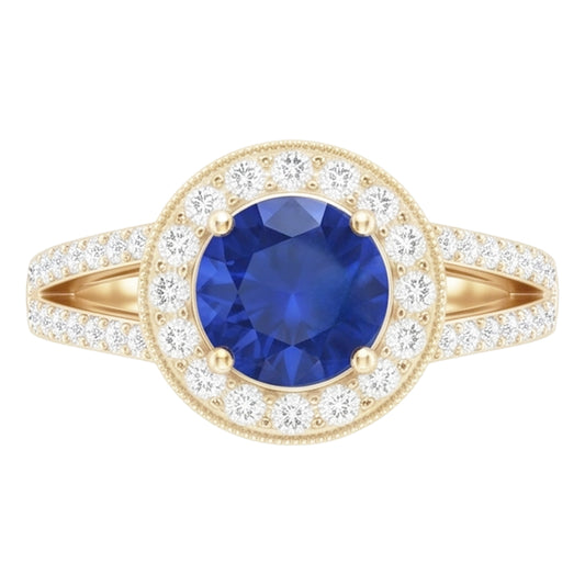 Bague Halo Diamant Naturels Extraits des Mines ( et non cultivés en laboratoire ) Style Antique 3 Carats Bijoux Saphir Bleu Rond