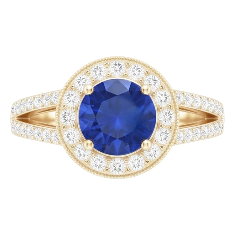 Bague Halo Diamant Naturels Extraits des Mines ( et non cultivés en laboratoire ) Style Antique 3 Carats Bijoux Saphir Bleu Rond