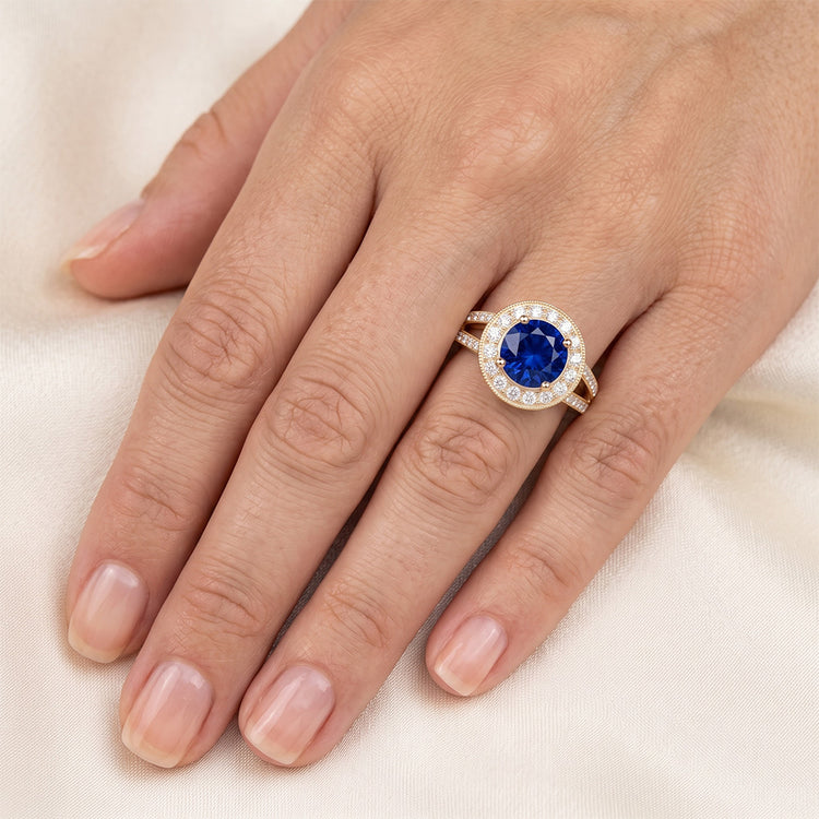 Bague Halo Diamant Naturels Extraits des Mines ( et non cultivés en laboratoire ) Style Antique 3 Carats Bijoux Saphir Bleu Rond