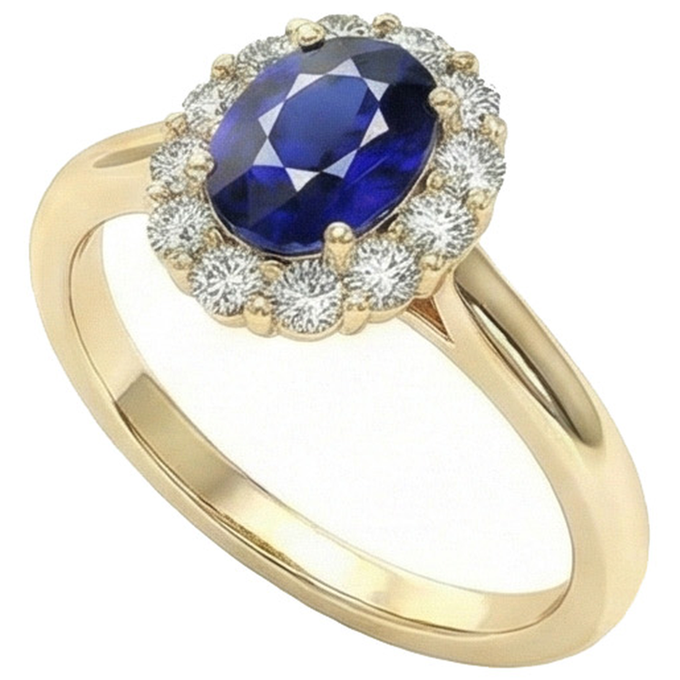 Bague Halo Diamant Naturels Extraits des Mines ( et non cultivés en laboratoire ) Or Jaune Ovale Ceylan Saphir 5.25 Carats