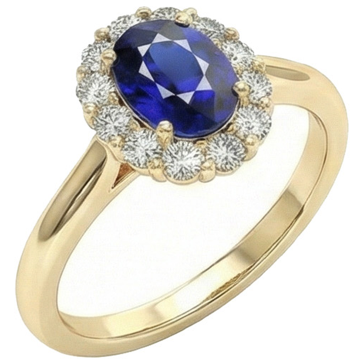 Bague Halo Diamant Naturels Extraits des Mines ( et non cultivés en laboratoire ) Or Jaune Ovale Ceylan Saphir 5.25 Carats