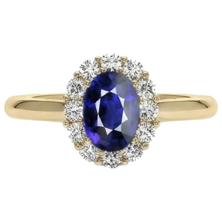 Bague Halo Diamant Naturels Extraits des Mines ( et non cultivés en laboratoire ) Or Jaune Ovale Ceylan Saphir 5.25 Carats