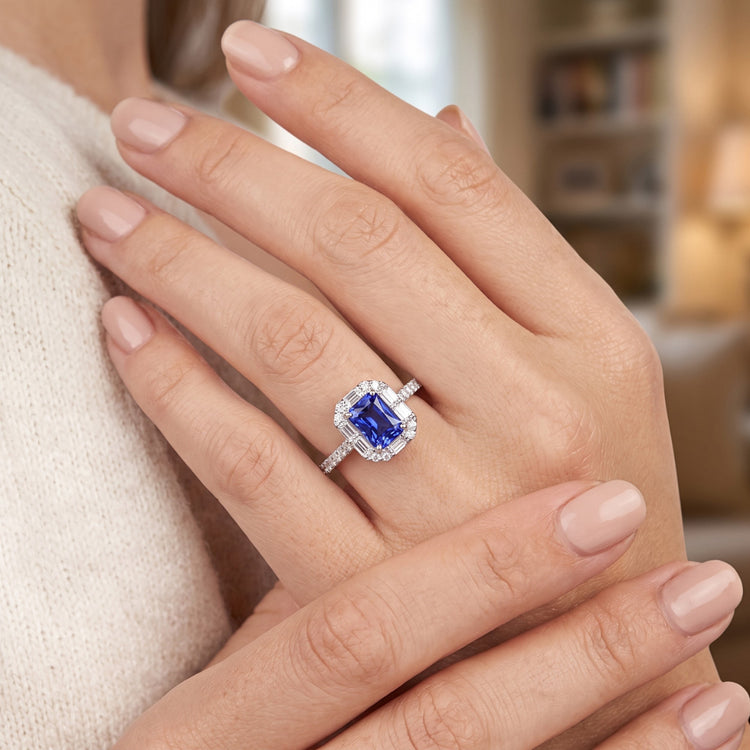 Bague Halo Diamant Rond & Baguette 3.50 Carats Saphir Forme Radiant