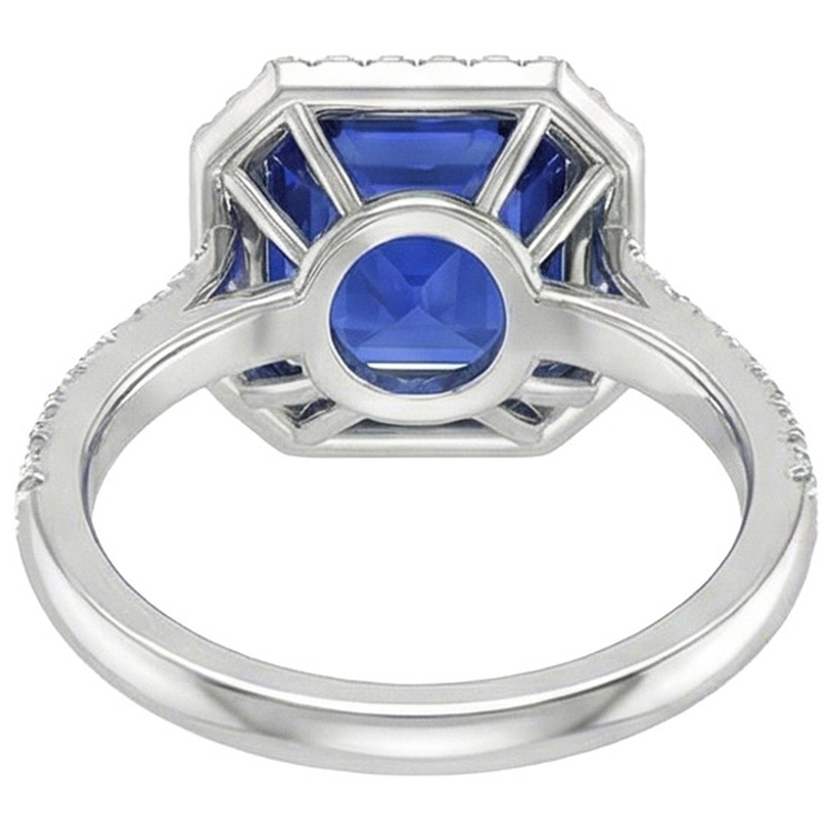Bague Halo Diamant Naturels Extraits des Mines ( et non cultivés en laboratoire ) Rond & Saphir Bleu Taille Asscher 5.75 Carats Nouveau