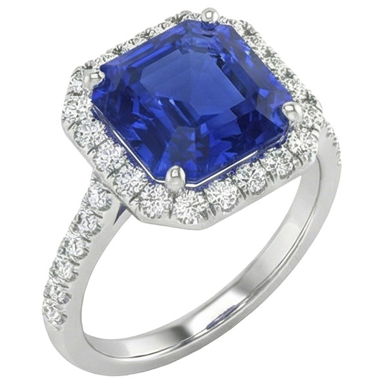 Bague Halo Diamant Naturels Extraits des Mines ( et non cultivés en laboratoire ) Rond & Saphir Bleu Taille Asscher 5.75 Carats Nouveau