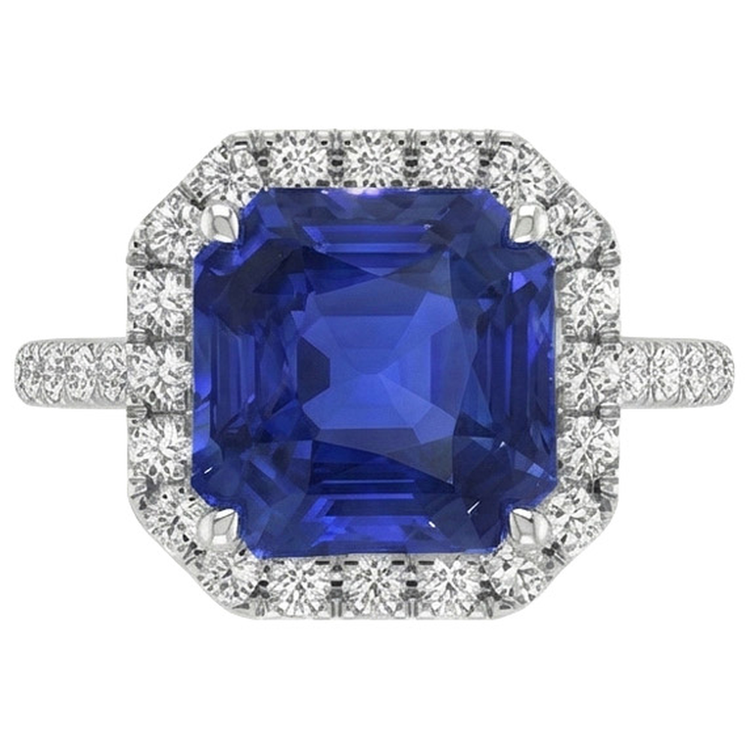 Bague Halo Diamant Naturels Extraits des Mines ( et non cultivés en laboratoire ) Rond & Saphir Bleu Taille Asscher 5.75 Carats Nouveau