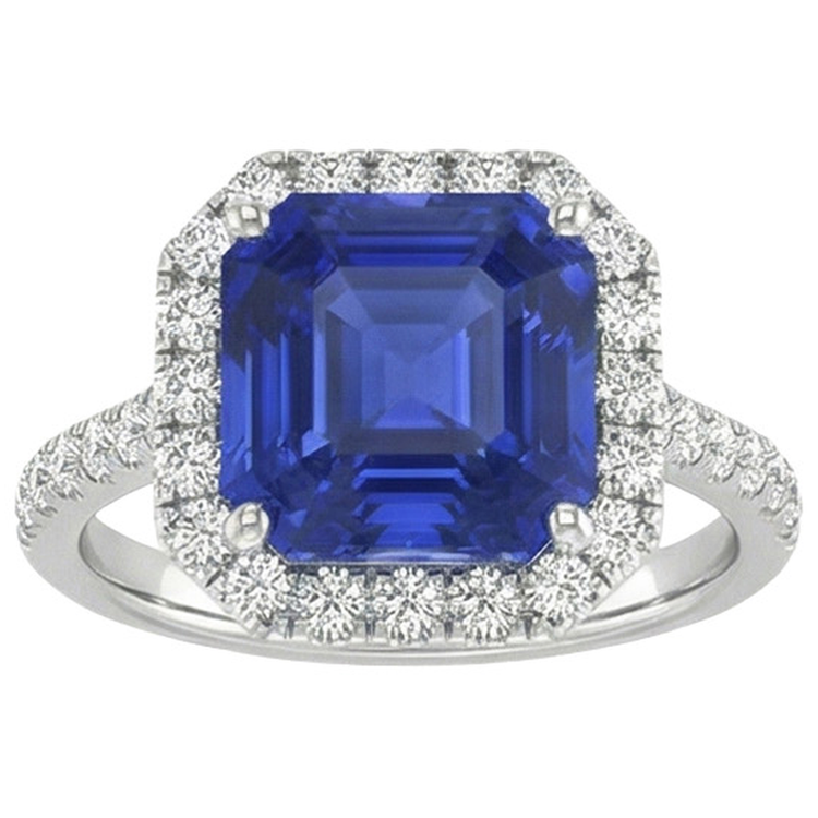 Bague Halo Diamant Naturels Extraits des Mines ( et non cultivés en laboratoire ) Rond & Saphir Bleu Taille Asscher 5.75 Carats Nouveau
