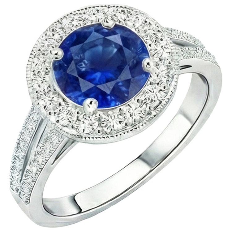Bague Halo Diamant Naturels Extraits des Mines ( et non cultivés en laboratoire ) Style Antique Griffe Ronde Saphir Bleu 2.50 Carats