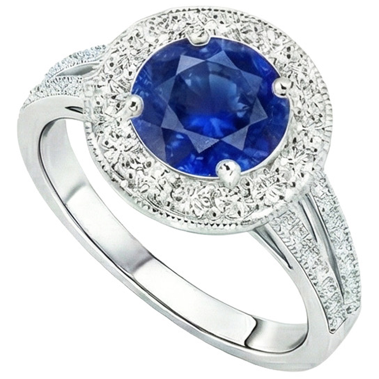 Bague Halo Diamant Naturels Extraits des Mines ( et non cultivés en laboratoire ) Style Antique Griffe Ronde Saphir Bleu 2.50 Carats