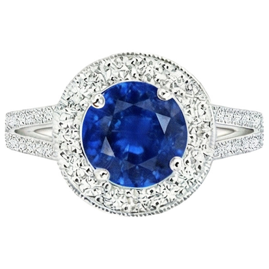 Bague Halo Diamant Naturels Extraits des Mines ( et non cultivés en laboratoire ) Style Antique Griffe Ronde Saphir Bleu 2.50 Carats