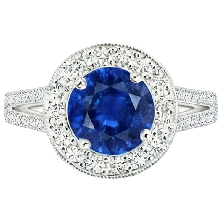 Bague Halo Diamant Naturels Extraits des Mines ( et non cultivés en laboratoire ) Style Antique Griffe Ronde Saphir Bleu 2.50 Carats