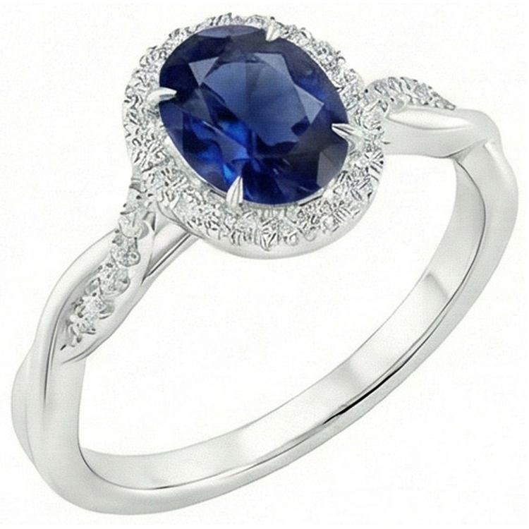 Bague Halo Diamants Naturels Extraits des Mines ( et non cultivés en laboratoire ) 4.25 Carats Saphir Bleu Ovale Or Blanc Pétillant